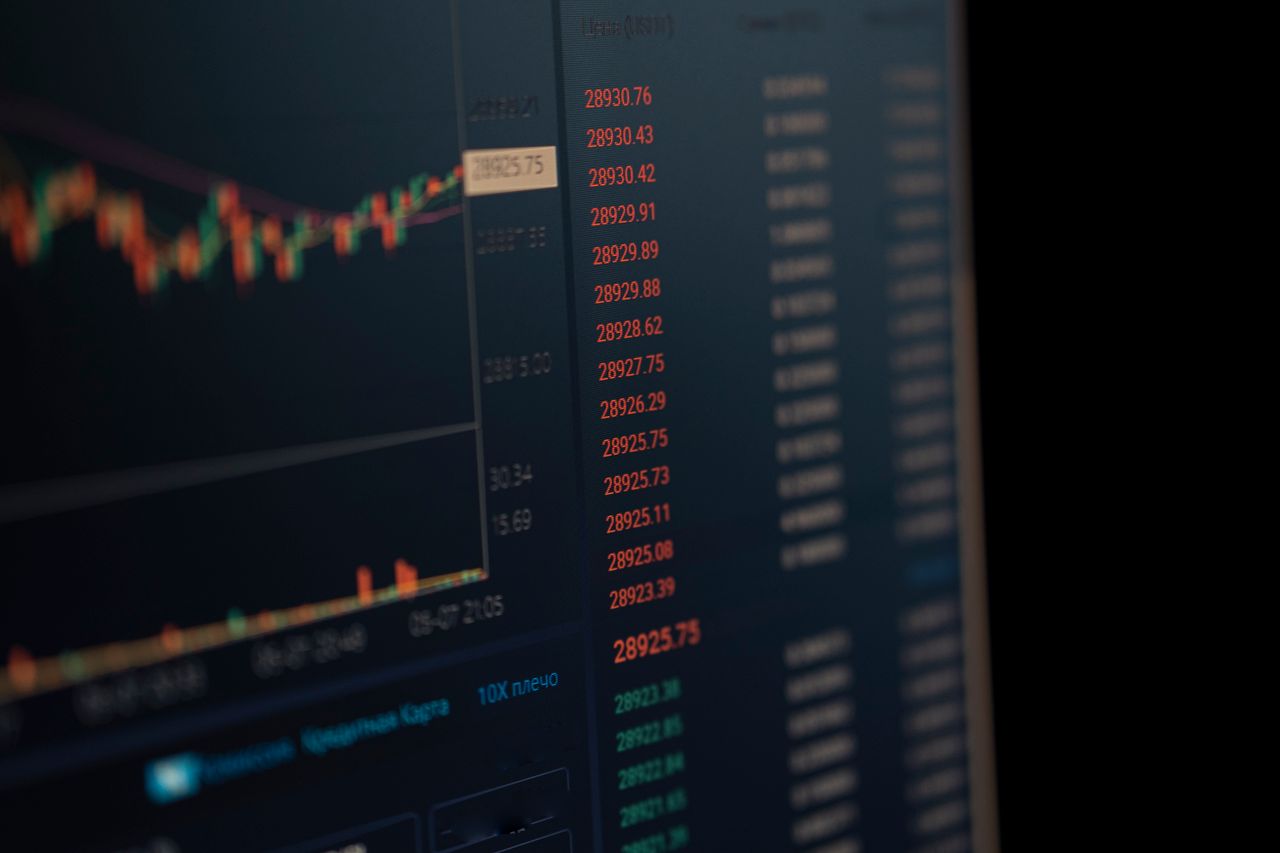 services-01 Close-up of a computer screen showing dynamic financial market data and charts, indicating real-time trading updates.